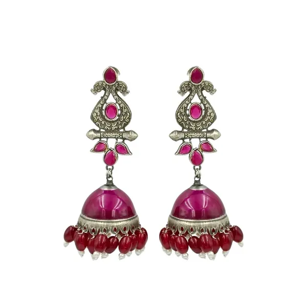 Purple_Colour_Hand_Painted_With_Pink_Beads_Silver_Look_Alike_Oxidise_Long_Jhumka_For_Women_&_Girls