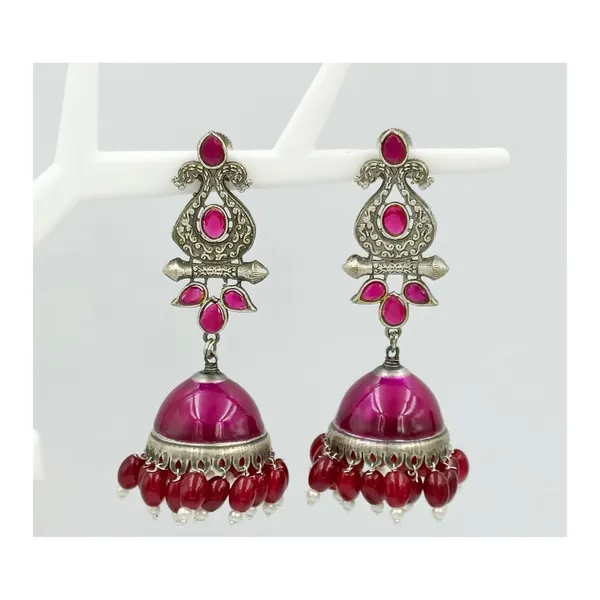 Purple_Colour_Hand_Painted_With_Pink_Beads_Silver_Look_Alike_Oxidise_Long_Jhumka_For_Women_&_Girls