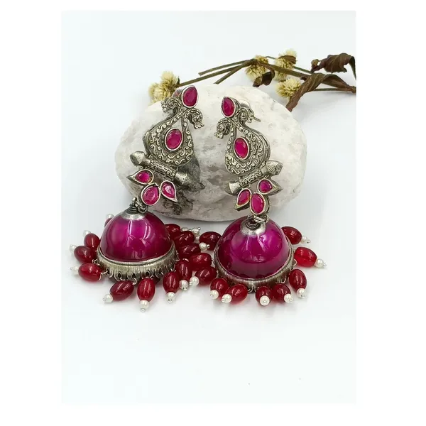 Purple_Colour_Hand_Painted_With_Pink_Beads_Silver_Look_Alike_Oxidise_Long_Jhumka_For_Women_&_Girls