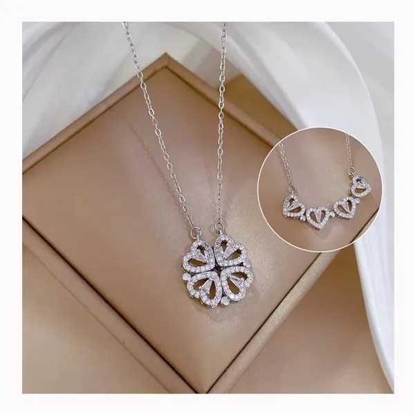 Magnetic_Four-Leaf_Clover_Heart_Necklace_|_2-in-1_Stainless_Steel_Silver_Plated_plated_Pendant_Chain_|_Women's_Trendy_&_Lucky_Charm_Jewelry
