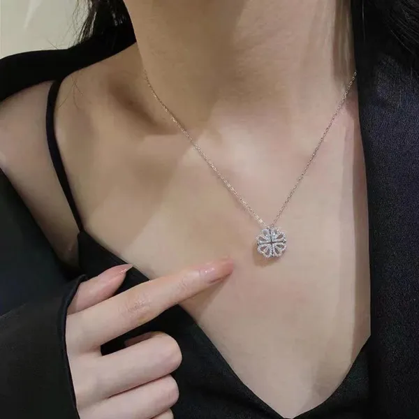 Magnetic_Four-Leaf_Clover_Heart_Necklace_|_2-in-1_Stainless_Steel_Silver_Plated_plated_Pendant_Chain_|_Women's_Trendy_&_Lucky_Charm_Jewelry