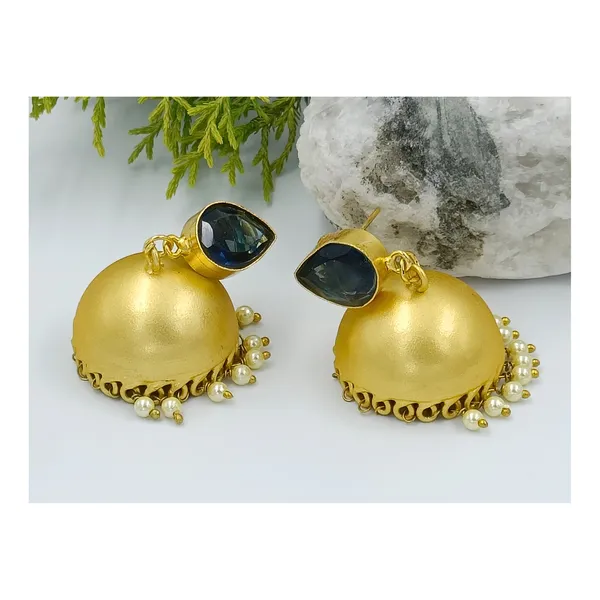 Pearl_drop_Golden_Matt_Traditional_Jhumka_with_Water_drop_shape_blue_stone_for_Women_&_Girls