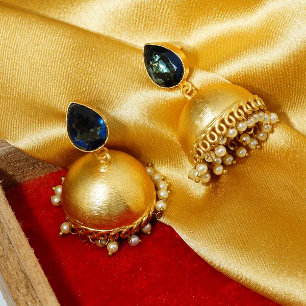 Pearl_drop_Golden_Matt_Traditional_Jhumka_with_Water_drop_shape_blue_stone_for_Women_&_Girls