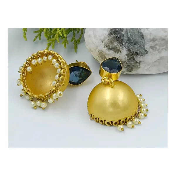 Pearl_drop_Golden_Matt_Traditional_Jhumka_with_Water_drop_shape_blue_stone_for_Women_&_Girls