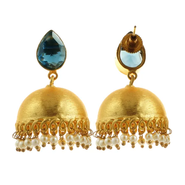 Pearl_drop_Golden_Matt_Traditional_Jhumka_with_Water_drop_shape_blue_stone_for_Women_&_Girls