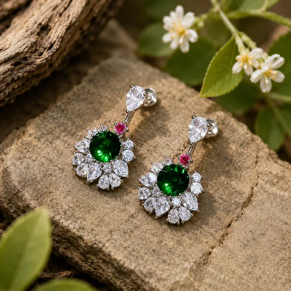 BLACKBOX_Emerald_Green,_White_&_Pink_Zircon_Drop_Earrings_for_Women_|_CZ_Dangler