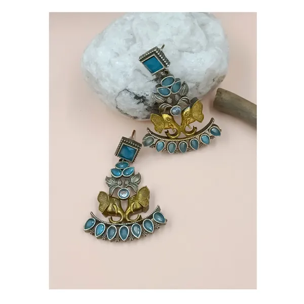 Dual_Tone_Oxidized_Elephant_shape_Dangler_studded_with_Aqua_blue_Stone__for_Women_&_Girls,_Stylish_jewellery.