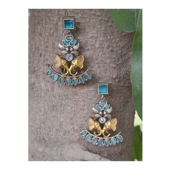 Dual_Tone_Oxidized_Elephant_shape_Dangler_studded_with_Aqua_blue_Stone__for_Women_&_Girls,_Stylish_jewellery.