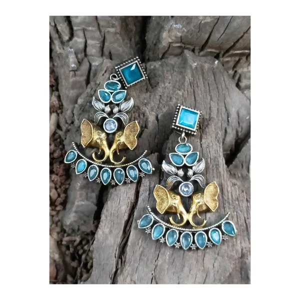 Dual_Tone_Oxidized_Elephant_shape_Dangler_studded_with_Aqua_blue_Stone__for_Women_&_Girls,_Stylish_jewellery.