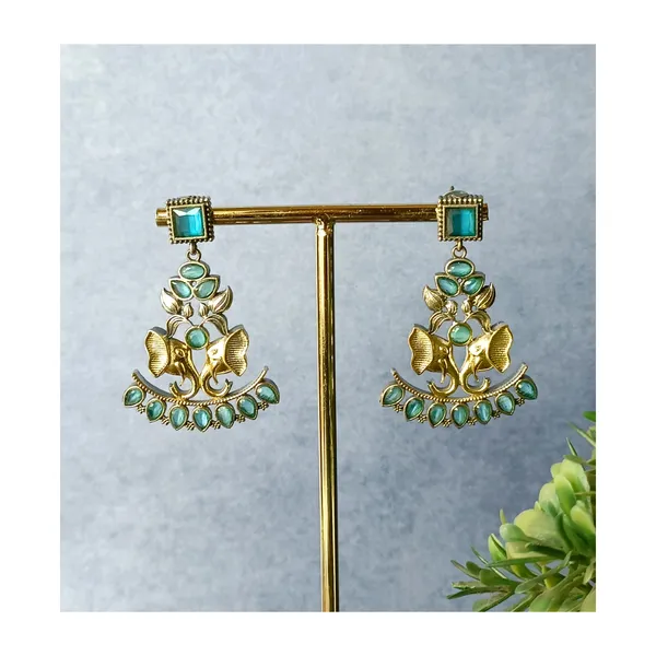 Dual_Tone_Oxidized_Elephant_shape_Dangler_studded_with_Aqua_blue_Stone__for_Women_&_Girls,_Stylish_jewellery.