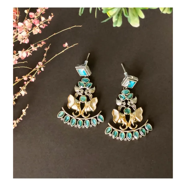 Dual_Tone_Oxidized_Elephant_shape_Dangler_studded_with_Aqua_blue_Stone__for_Women_&_Girls,_Stylish_jewellery.