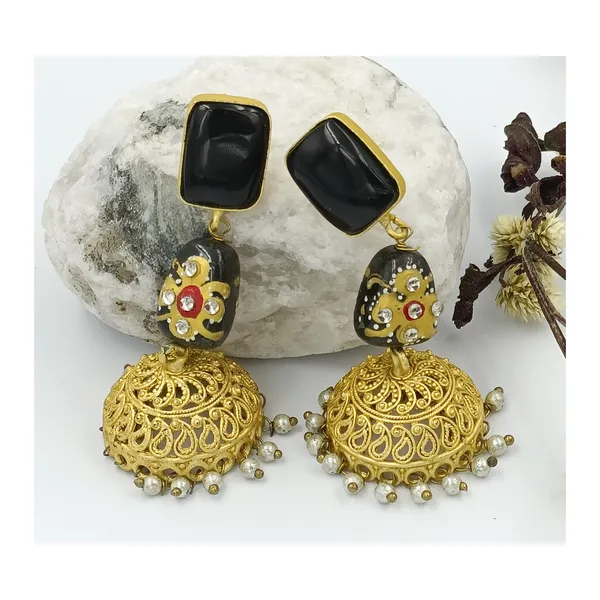 Matt_Polish_with_Floral_art_on_Black_synthetic_Stone_Golden_Jhumka_for_Women_&_Girls