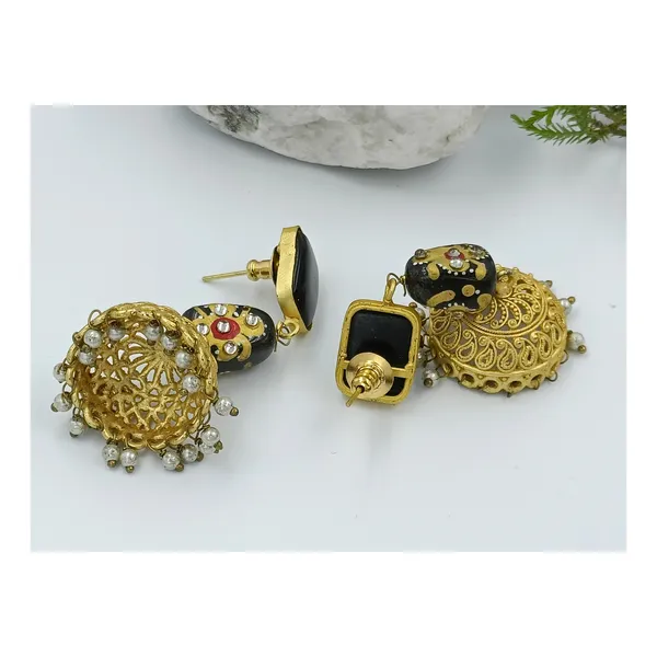 Matt_Polish_with_Floral_art_on_Black_synthetic_Stone_Golden_Jhumka_for_Women_&_Girls