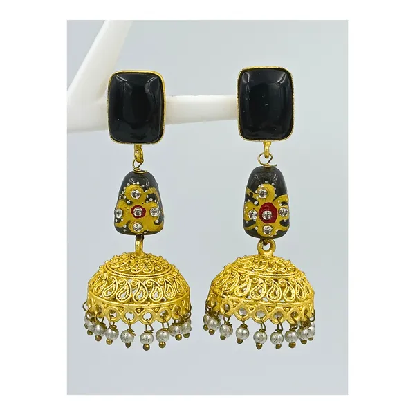 Matt_Polish_with_Floral_art_on_Black_synthetic_Stone_Golden_Jhumka_for_Women_&_Girls