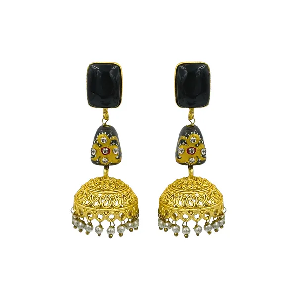 Matt_Polish_with_Floral_art_on_Black_synthetic_Stone_Golden_Jhumka_for_Women_&_Girls