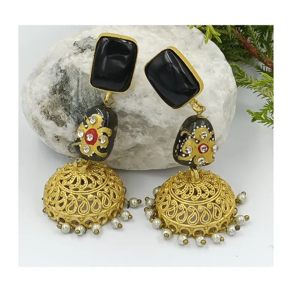 Matt_Polish_with_Floral_art_on_Black_synthetic_Stone_Golden_Jhumka_for_Women_&_Girls
