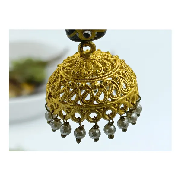 Matt_Polish_with_Floral_art_on_Black_synthetic_Stone_Golden_Jhumka_for_Women_&_Girls