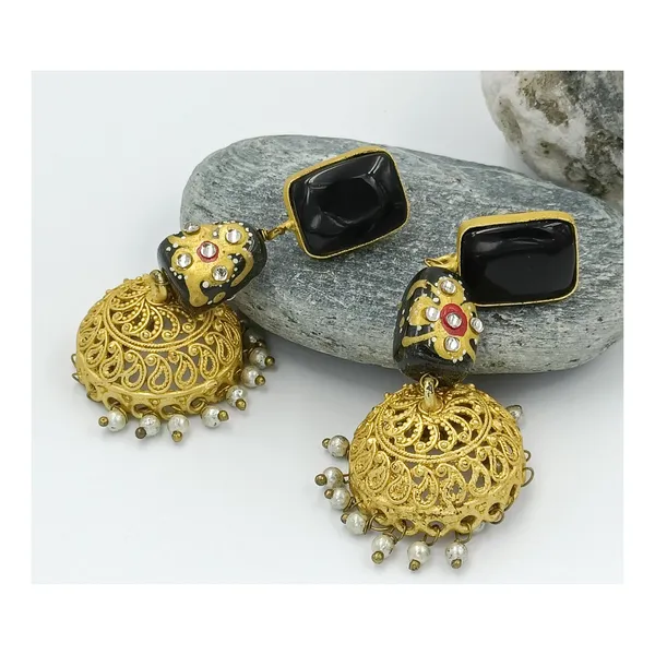 Matt_Polish_with_Floral_art_on_Black_synthetic_Stone_Golden_Jhumka_for_Women_&_Girls