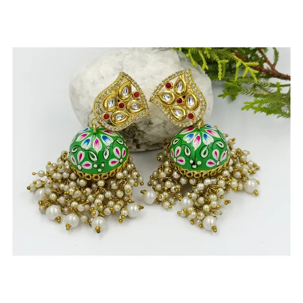 Green_colour_hand_painted_Meenakari_Jhumka_with_pearl_drop_for_Women_&_Girls,_Traditional_jewellery,_Stylish_Fashionable_Jewellery