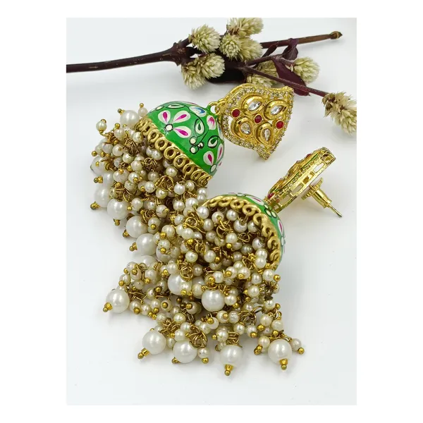 Green_colour_hand_painted_Meenakari_Jhumka_with_pearl_drop_for_Women_&_Girls,_Traditional_jewellery,_Stylish_Fashionable_Jewellery