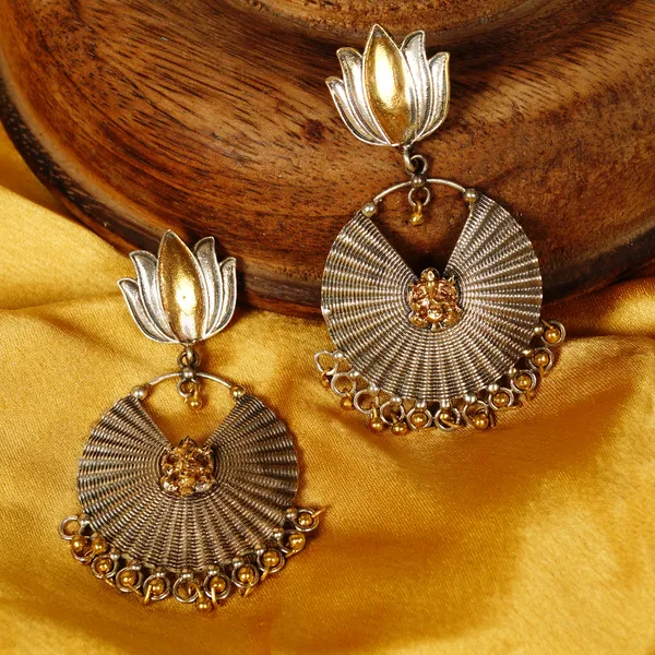 Dual_tone_Lotus_&_Ganesh_Ji_style_German_Silver_Dangler_for_Women_&_Girls,_Stylish_fashionable_traditional_Earring