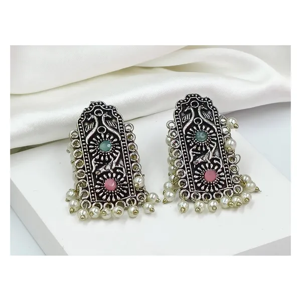 Beautiful_pearl_drop_style_with_Toquise_&_Pink_color_stone_long_rectangular_shape_drop_oxidized_earring__for_Women_&_Girls,_Stylish_jewellery.