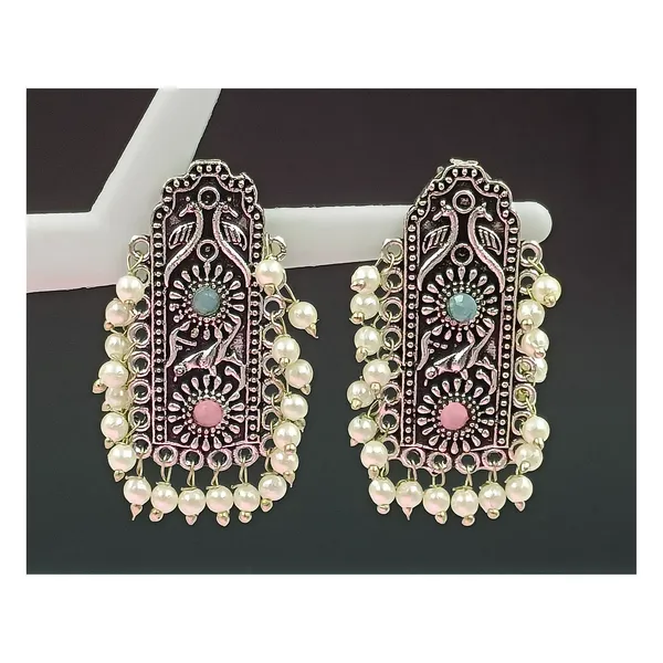 Beautiful_pearl_drop_style_with_Toquise_&_Pink_color_stone_long_rectangular_shape_drop_oxidized_earring__for_Women_&_Girls,_Stylish_jewellery.