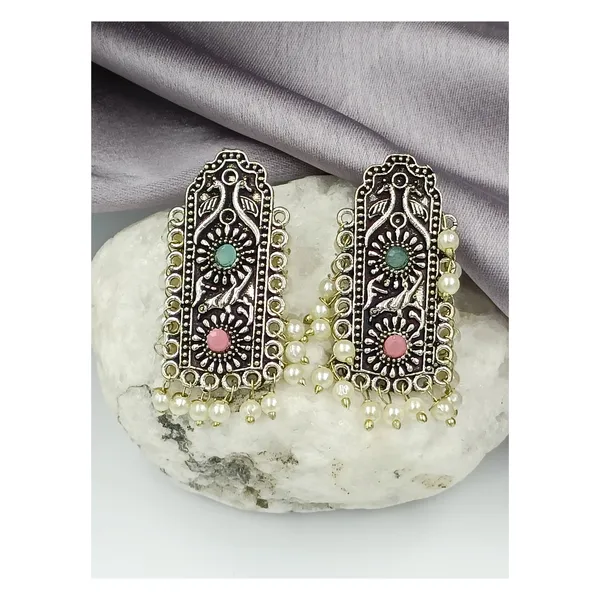 Beautiful_pearl_drop_style_with_Toquise_&_Pink_color_stone_long_rectangular_shape_drop_oxidized_earring__for_Women_&_Girls,_Stylish_jewellery.