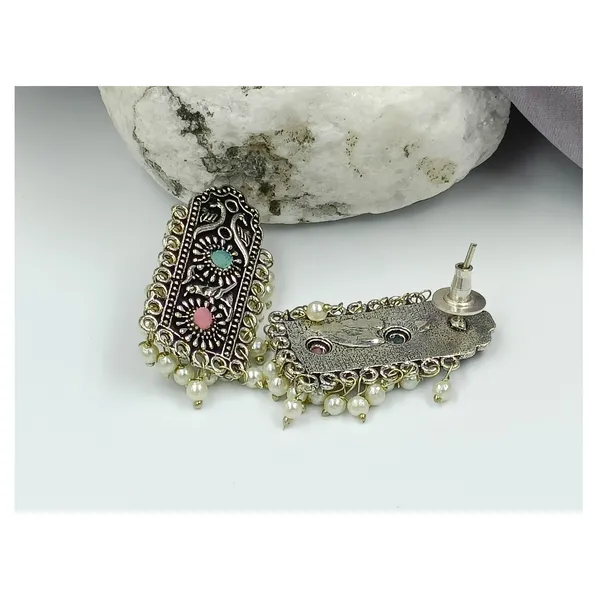 Beautiful_pearl_drop_style_with_Toquise_&_Pink_color_stone_long_rectangular_shape_drop_oxidized_earring__for_Women_&_Girls,_Stylish_jewellery.