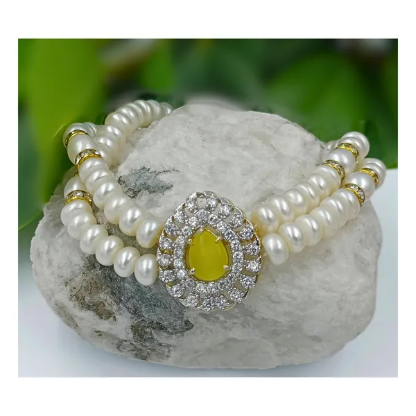 White_Elegant_Double_Layer_Pearl_Bracelet_With_American_Diamond_Pendant_For_Women_&_Girls