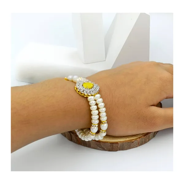 White_Elegant_Double_Layer_Pearl_Bracelet_With_American_Diamond_Pendant_For_Women_&_Girls