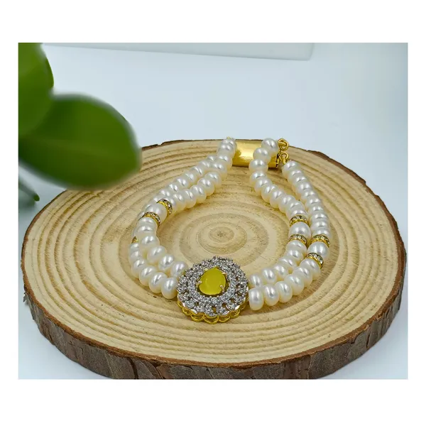 White_Elegant_Double_Layer_Pearl_Bracelet_With_American_Diamond_Pendant_For_Women_&_Girls