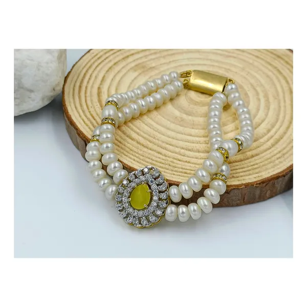 White_Elegant_Double_Layer_Pearl_Bracelet_With_American_Diamond_Pendant_For_Women_&_Girls