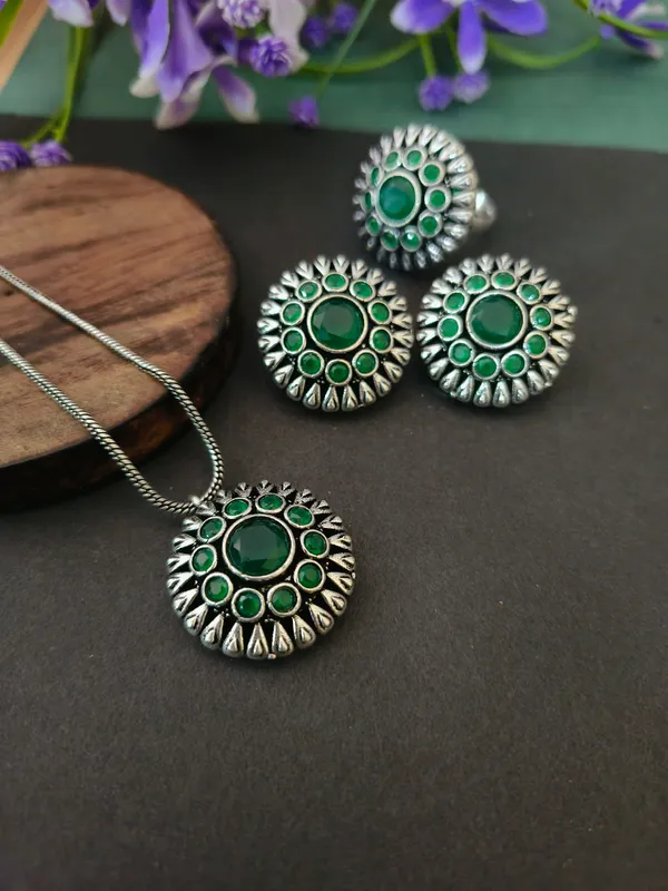 Green_Colour_Double_Layer_Floral_Design_Oxidized_Pendant_Chain_Set_with_Earring_for_Women_&_Girls