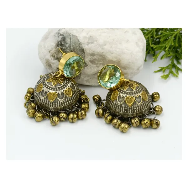 Dual_Tone_Antique_Style_Jhumka_with_Aqua_Green_Stone_&_steel_drop_for_Women_&_Girls