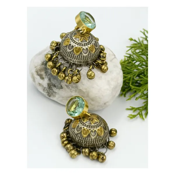 Dual_Tone_Antique_Style_Jhumka_with_Aqua_Green_Stone_&_steel_drop_for_Women_&_Girls