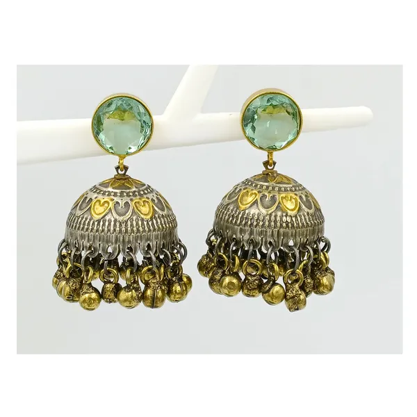 Dual_Tone_Antique_Style_Jhumka_with_Aqua_Green_Stone_&_steel_drop_for_Women_&_Girls