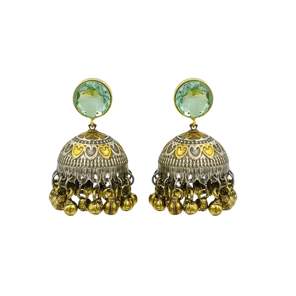 Dual_Tone_Antique_Style_Jhumka_with_Aqua_Green_Stone_&_steel_drop_for_Women_&_Girls