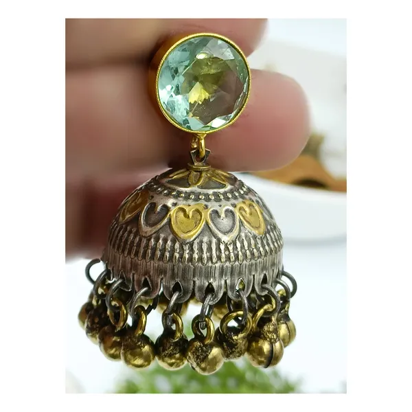 Dual_Tone_Antique_Style_Jhumka_with_Aqua_Green_Stone_&_steel_drop_for_Women_&_Girls