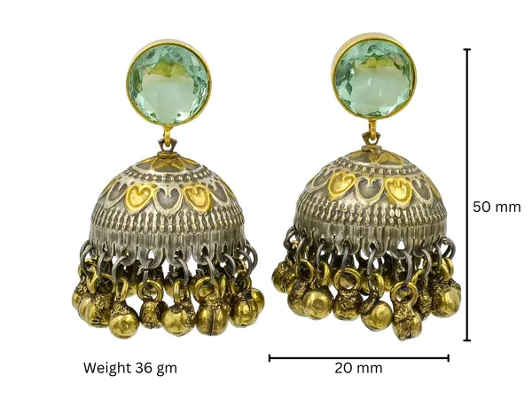 Dual_Tone_Antique_Style_Jhumka_with_Aqua_Green_Stone_&_steel_drop_for_Women_&_Girls