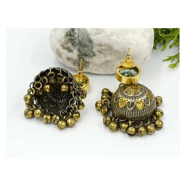 Dual_Tone_Antique_Style_Jhumka_with_Aqua_Green_Stone_&_steel_drop_for_Women_&_Girls