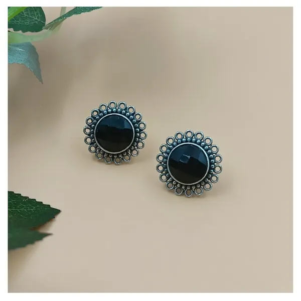Black_Oxidised_Floral_Design_With_Black_Circular_Shape_Stone_Stud_For_Women_&_Girls