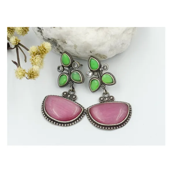 Pink_&_mint_green_Leaf_design_Oxidized_Dangler_for_Women_&_Girls,_Stylish_fashionable_earring