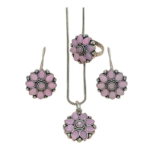 Pink_Light_Pink_Colour_Floral_Design_Oxidized_Pendant_Set_For_Women_&_Girls