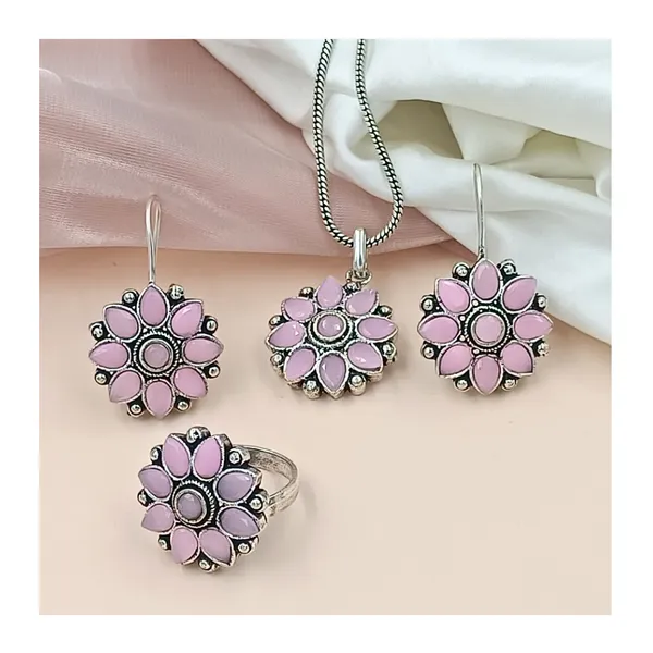 Pink_Light_Pink_Colour_Floral_Design_Oxidized_Pendant_Set_For_Women_&_Girls