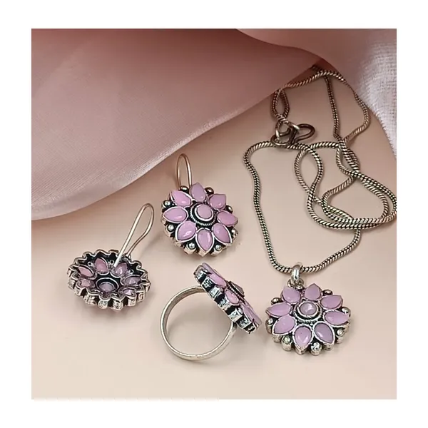 Pink_Light_Pink_Colour_Floral_Design_Oxidized_Pendant_Set_For_Women_&_Girls