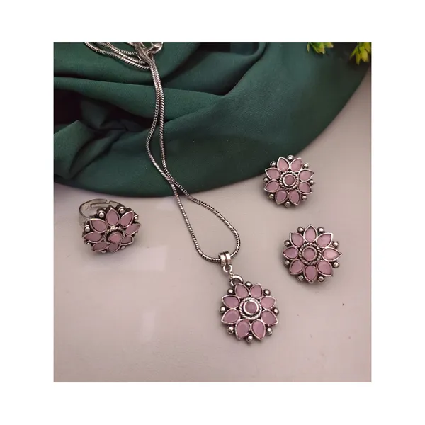 Pink_Light_Pink_Colour_Floral_Design_Oxidized_Pendant_Set_For_Women_&_Girls