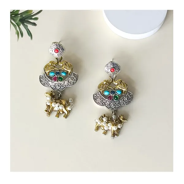 Dual_Tone_Antique_style_German_Silver_Earrings_with_Navratna_Stone_for_Women_&_Girls