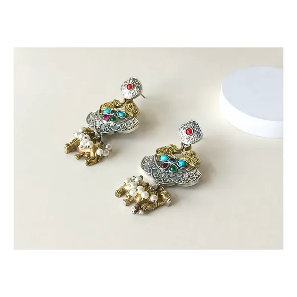 Dual_Tone_Antique_style_German_Silver_Earrings_with_Navratna_Stone_for_Women_&_Girls