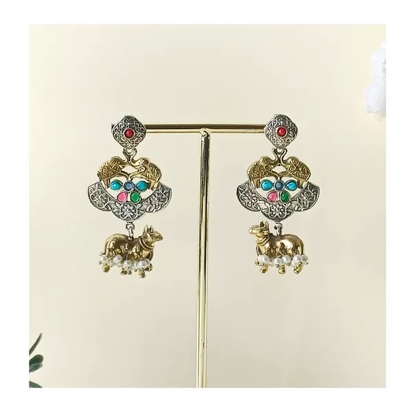 Dual_Tone_Antique_style_German_Silver_Earrings_with_Navratna_Stone_for_Women_&_Girls